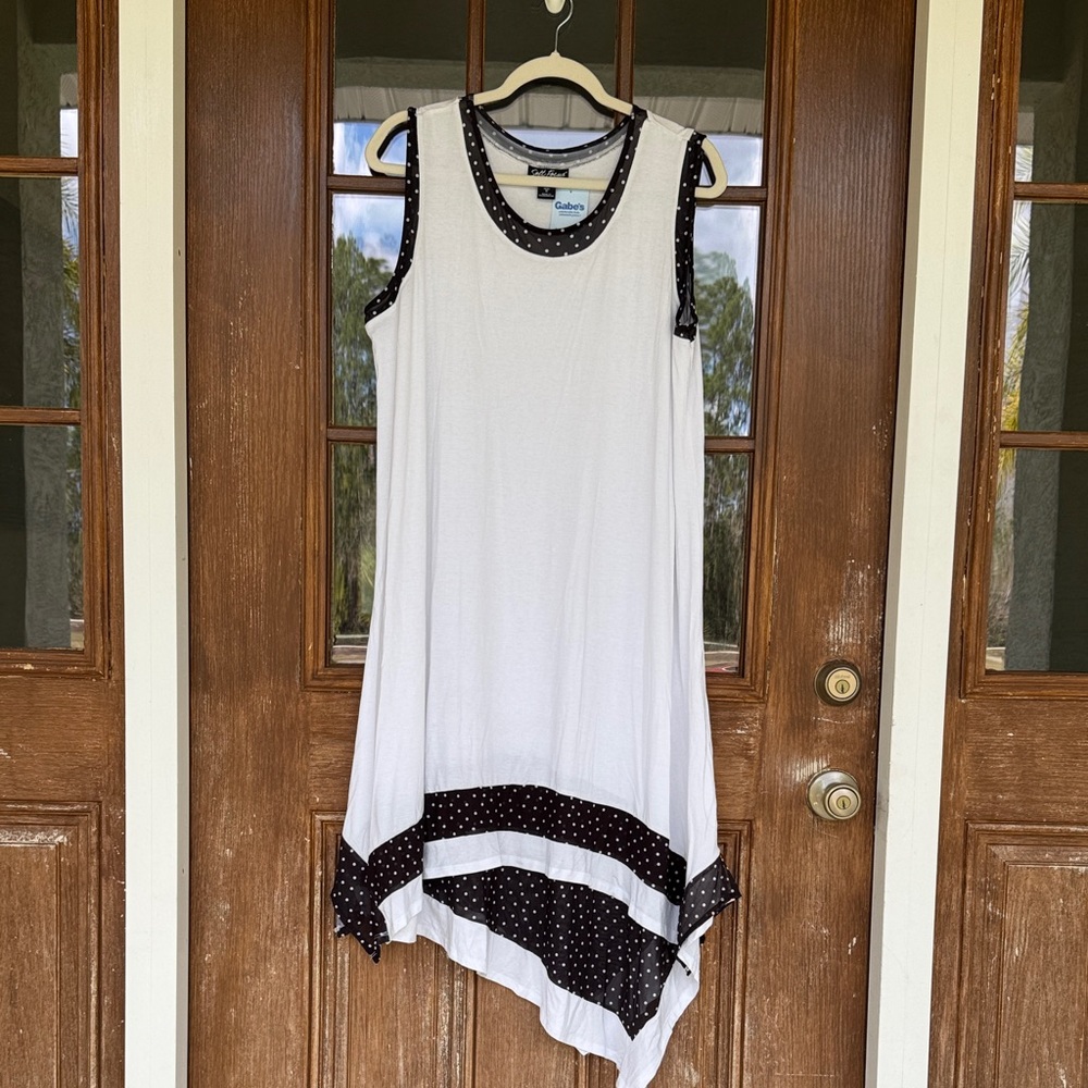 White Asymmetrical Sleeveless Dress with Black Polka Trim
